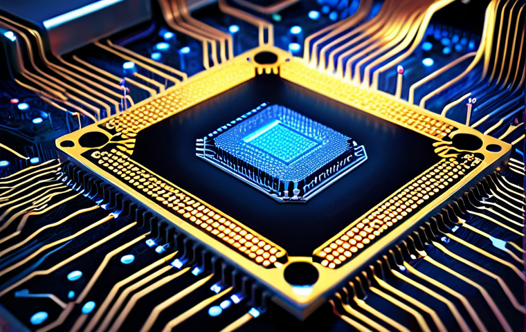 **
A detailed, stylized digital art representation of a computer CPU (Central Processing Unit). The CPU is depicted as a highly complex, glowing circuit board, with visible pathways and components. Emphasize the intricate network, with light effects to suggest data flow and processing power. The background can be a blurred, abstract representation of digital data streams or binary code.
**
