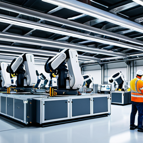 Home 25 Automated Factory of the Future**
"A clean, modern factory floor featuring robotic arms assembling a product, fully clothed engineers in appropriate attire monitoring the process on tablets, safe for work, high-tech equipment, perfect anatomy, natural proportions, professional photography, bright lighting, family-friendly, appropriate content."
**