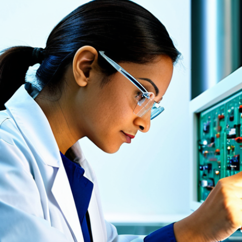 Home 12 **
"A Latina engineer in a clean, modern laboratory, fully clothed in a professional lab coat and safety glasses, examining a complex circuit board. The background features advanced scientific equipment and bright, diffused lighting. Perfect anatomy, correct proportions, well-formed hands, proper finger count, natural pose. Safe for work, appropriate content, professional, modest, family-friendly, high quality."
**