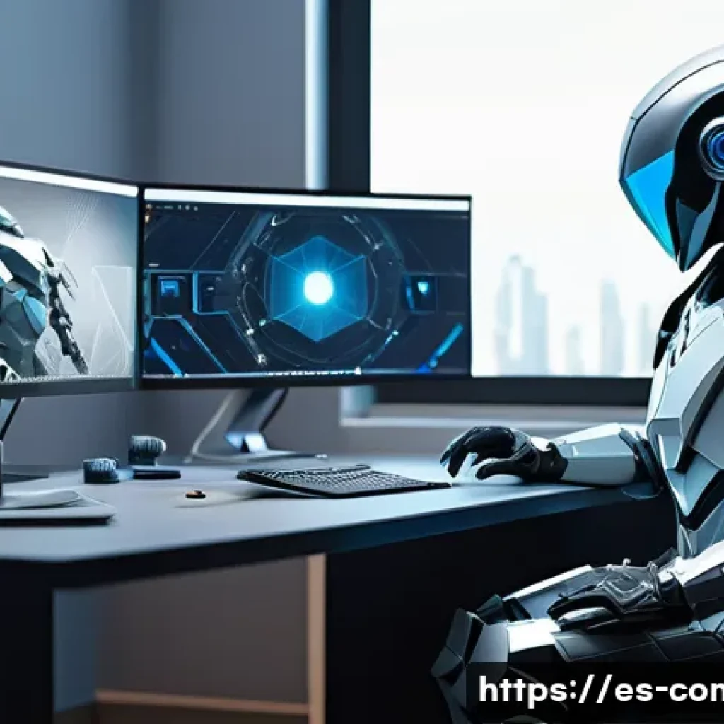 컴퓨터 그래픽스 기초 - A detailed 3D modeling workspace scene showing a professional artist’s desk with a high-resolution p...