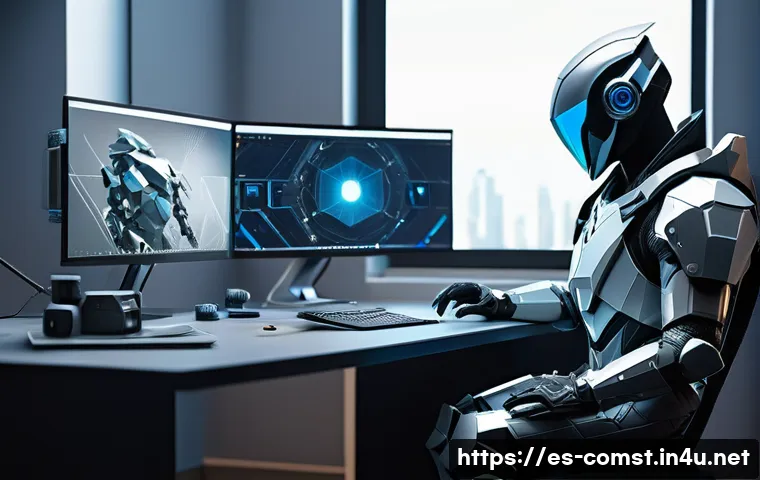 컴퓨터 그래픽스 기초 - A detailed 3D modeling workspace scene showing a professional artist&rsquo;s desk with a high-resolution p...