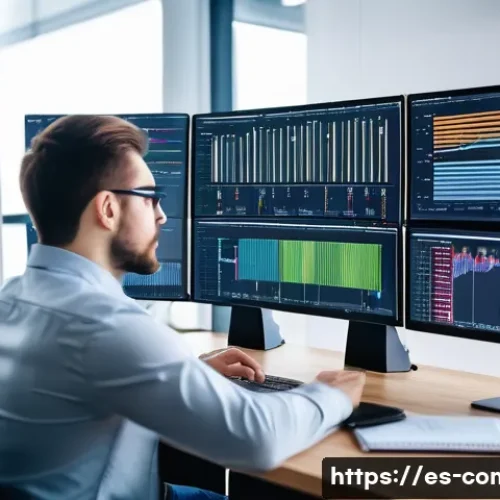 소프트웨어 최적화 기법 - A detailed illustration of a software developer in a modern office environment analyzing performance...