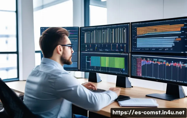 소프트웨어 최적화 기법 - A detailed illustration of a software developer in a modern office environment analyzing performance...