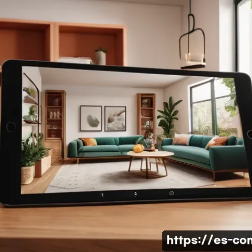 증강 현실 AR  기술 - A modern Spanish family in a cozy living room using augmented reality on a large tablet to visualize...