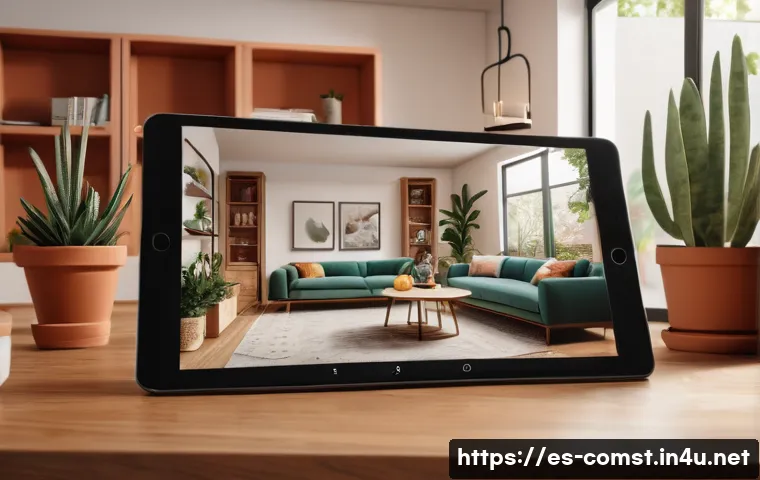 증강 현실 AR  기술 - A modern Spanish family in a cozy living room using augmented reality on a large tablet to visualize...
