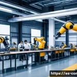 자율 시스템 및 로봇공학 - A high-tech industrial factory scene featuring a diverse group of workers collaborating safely along...