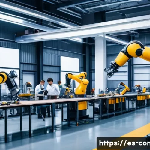 자율 시스템 및 로봇공학 - A high-tech industrial factory scene featuring a diverse group of workers collaborating safely along...
