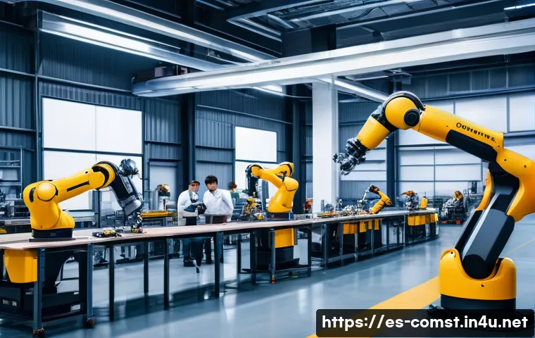 자율 시스템 및 로봇공학 - A high-tech industrial factory scene featuring a diverse group of workers collaborating safely along...