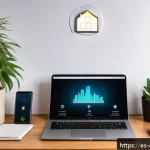 네트워크 보안 - A modern home office setup in a cozy Spanish apartment, featuring a sleek Wi-Fi router placed centra...