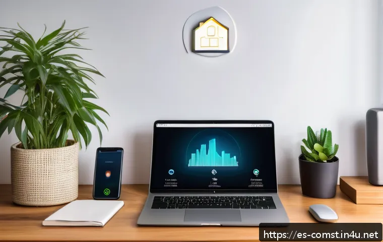 네트워크 보안 - A modern home office setup in a cozy Spanish apartment, featuring a sleek Wi-Fi router placed centra...