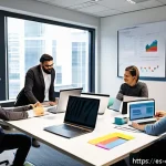 소프트웨어 개발 생명주기 - A diverse team of software developers collaborating in a modern office space, brainstorming around a...