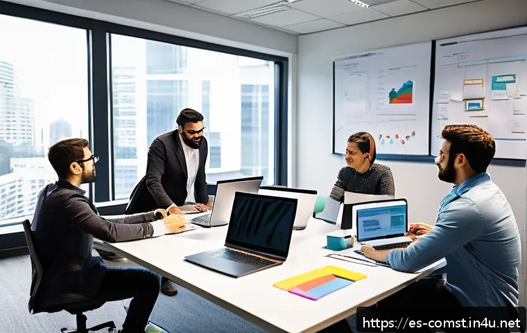 소프트웨어 개발 생명주기 - A diverse team of software developers collaborating in a modern office space, brainstorming around a...