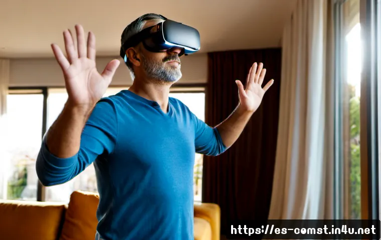 가상 현실 VR  기술 - Photorealistic wide shot of a middle-aged Spanish couple in a bright modern living room in Madrid, w...