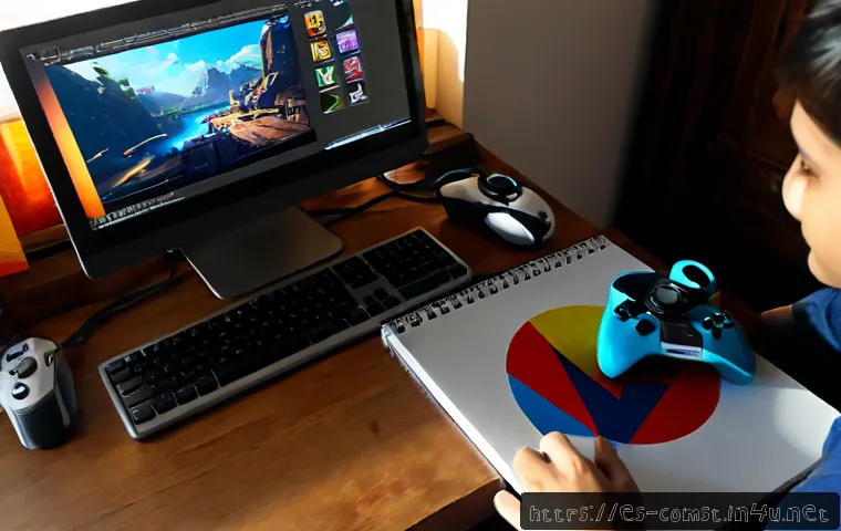게임 개발 기초 - Photorealistic home workspace for beginner game development, a Spanish-speaking young adult using a ...